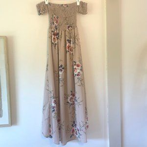 Tan Floral Off The Shoulder Maxi Dress Medium